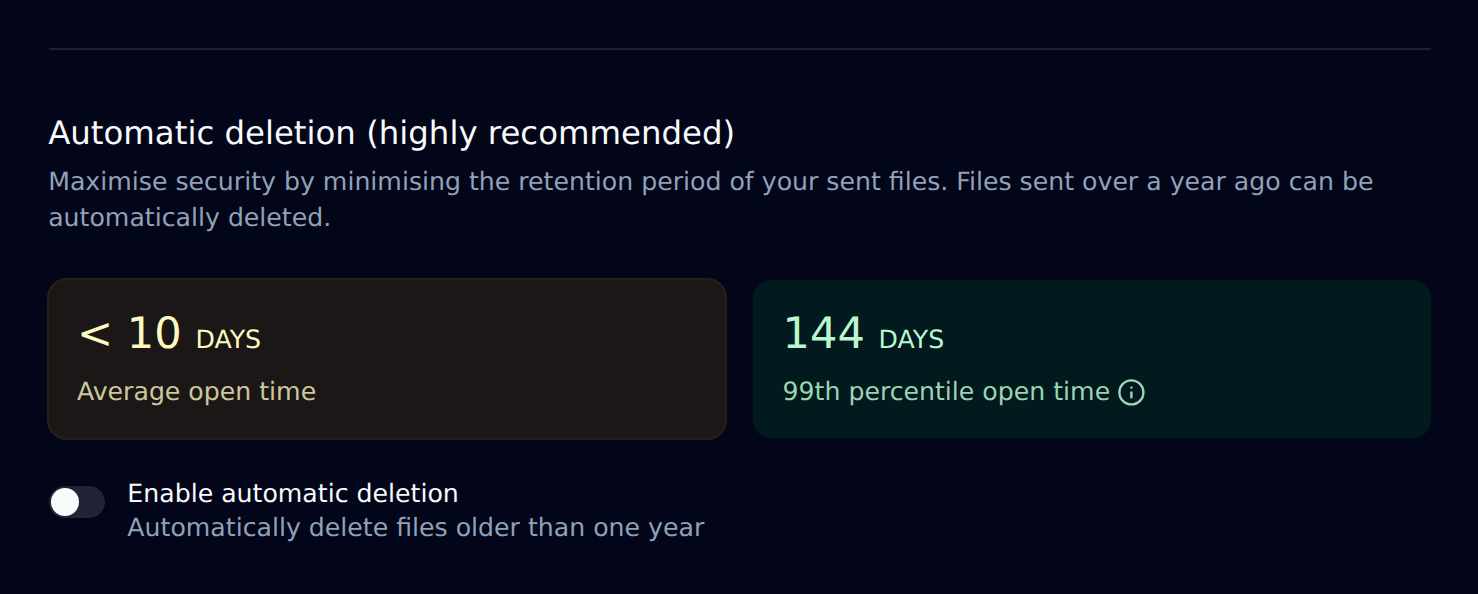 The Automatic deletion setting on the Correspondence page