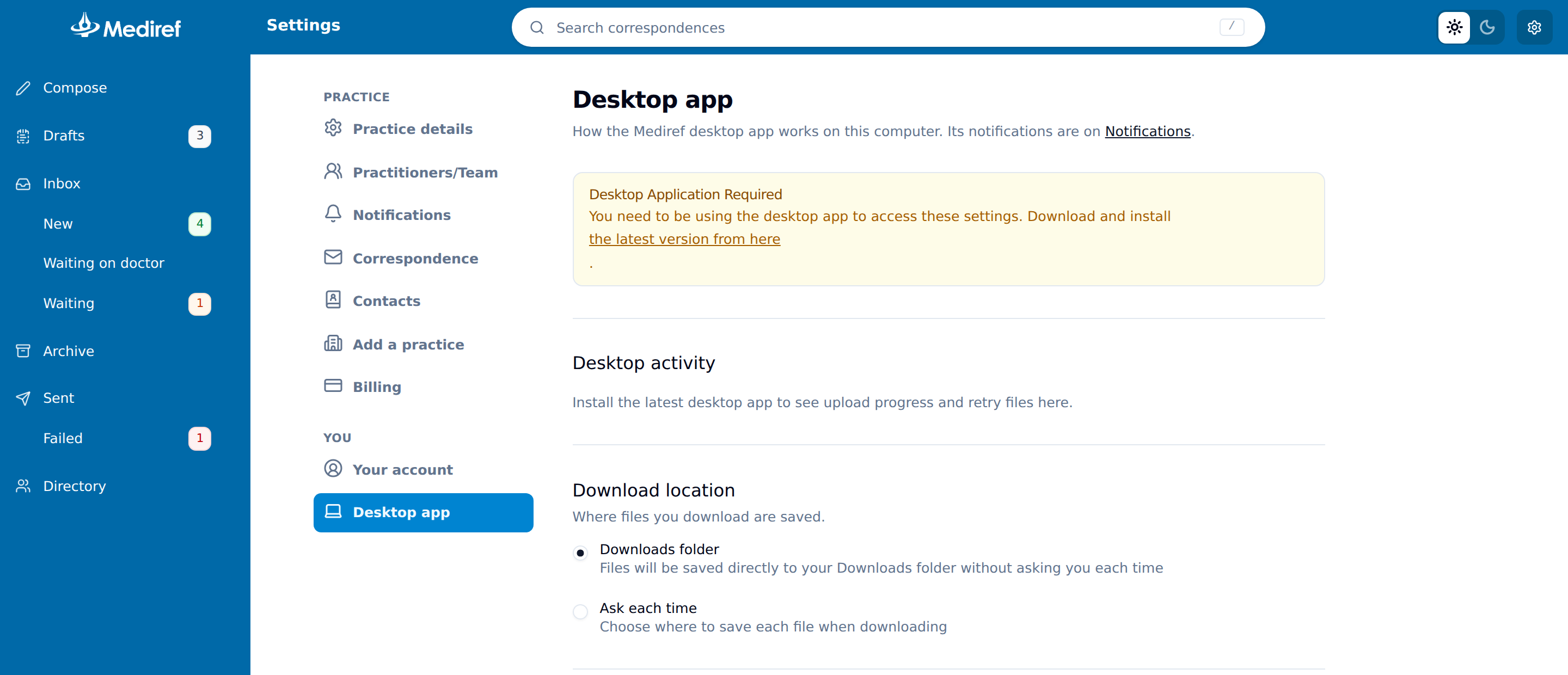 The Desktop App settings page in a browser, showing the Desktop Application Required warning above the settings