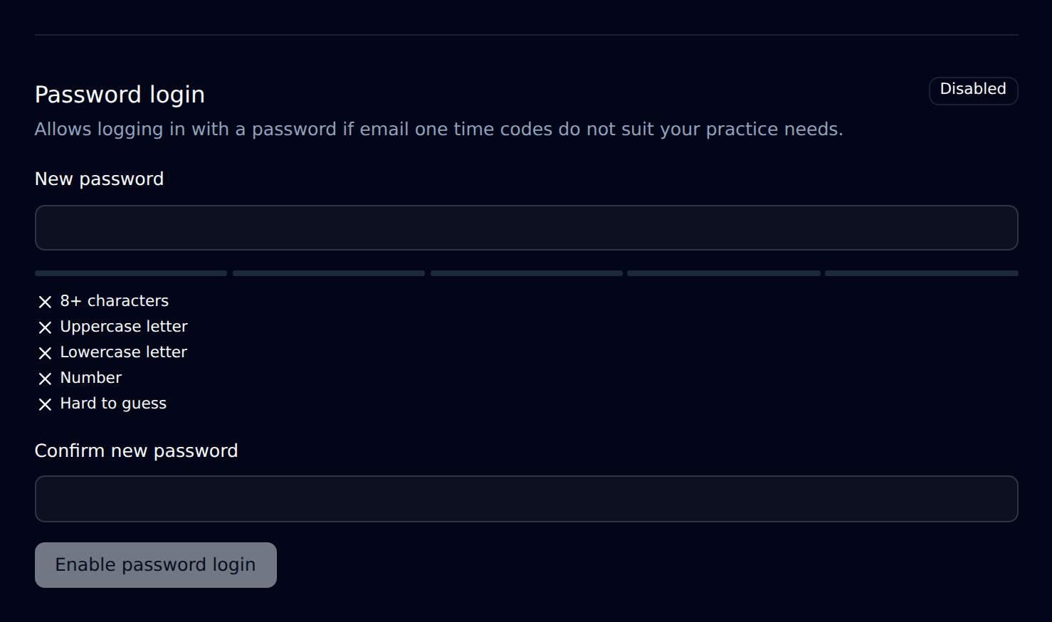 Password login section marked Disabled