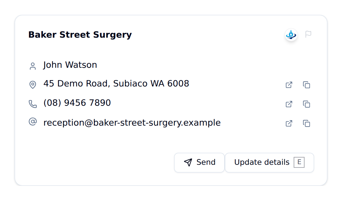 A directory entry with the Mediref logo beside the practice name