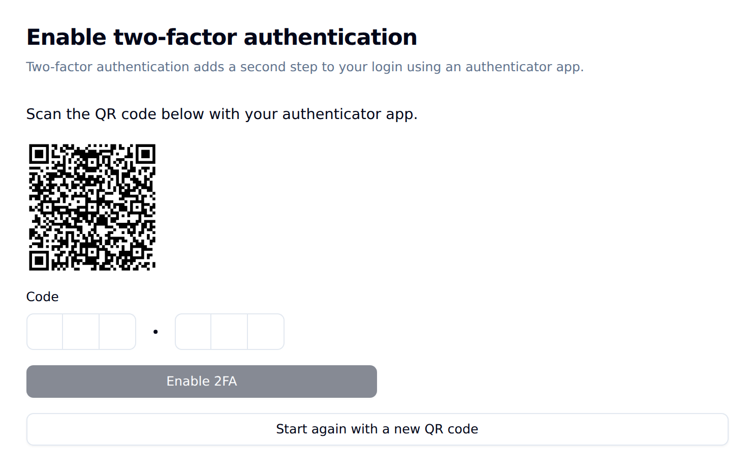 Enable two-factor authentication page with the QR code