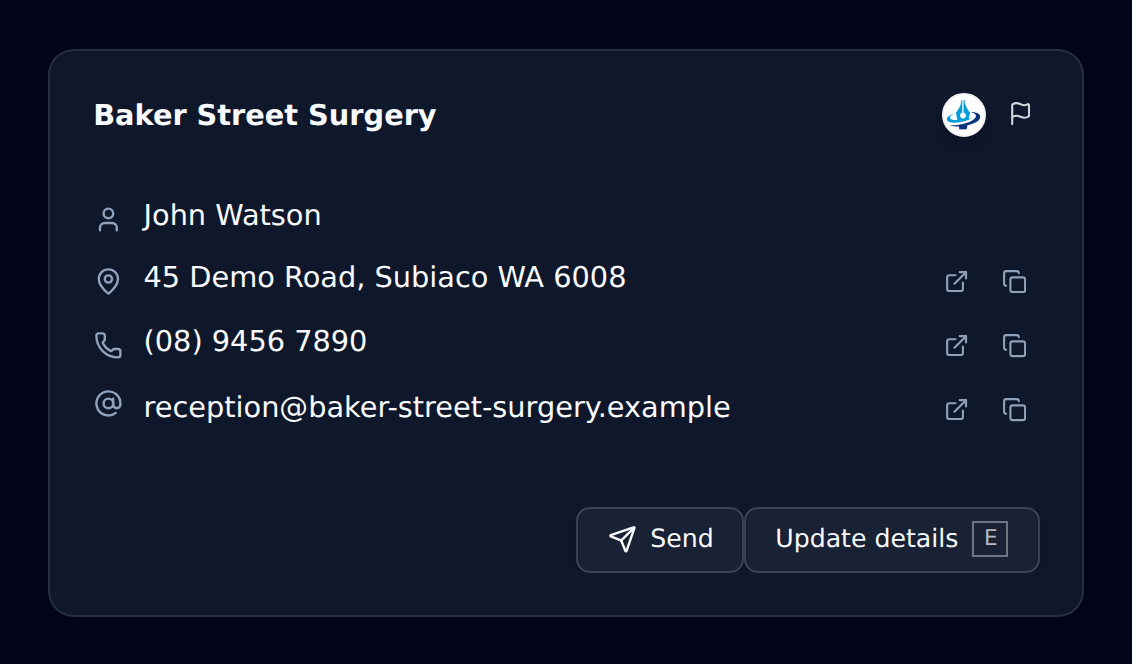 The Update details and Send buttons on a directory entry