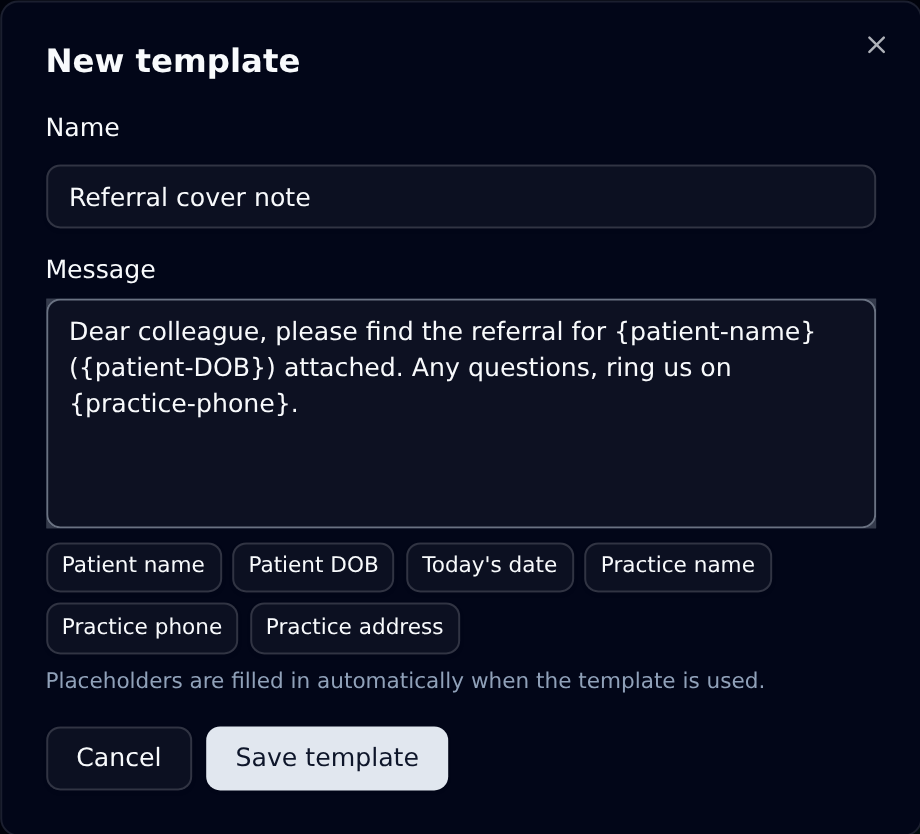 New template form with the six placeholder buttons