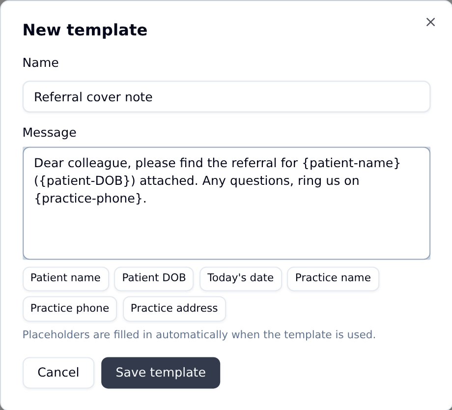 New template form with the six placeholder buttons
